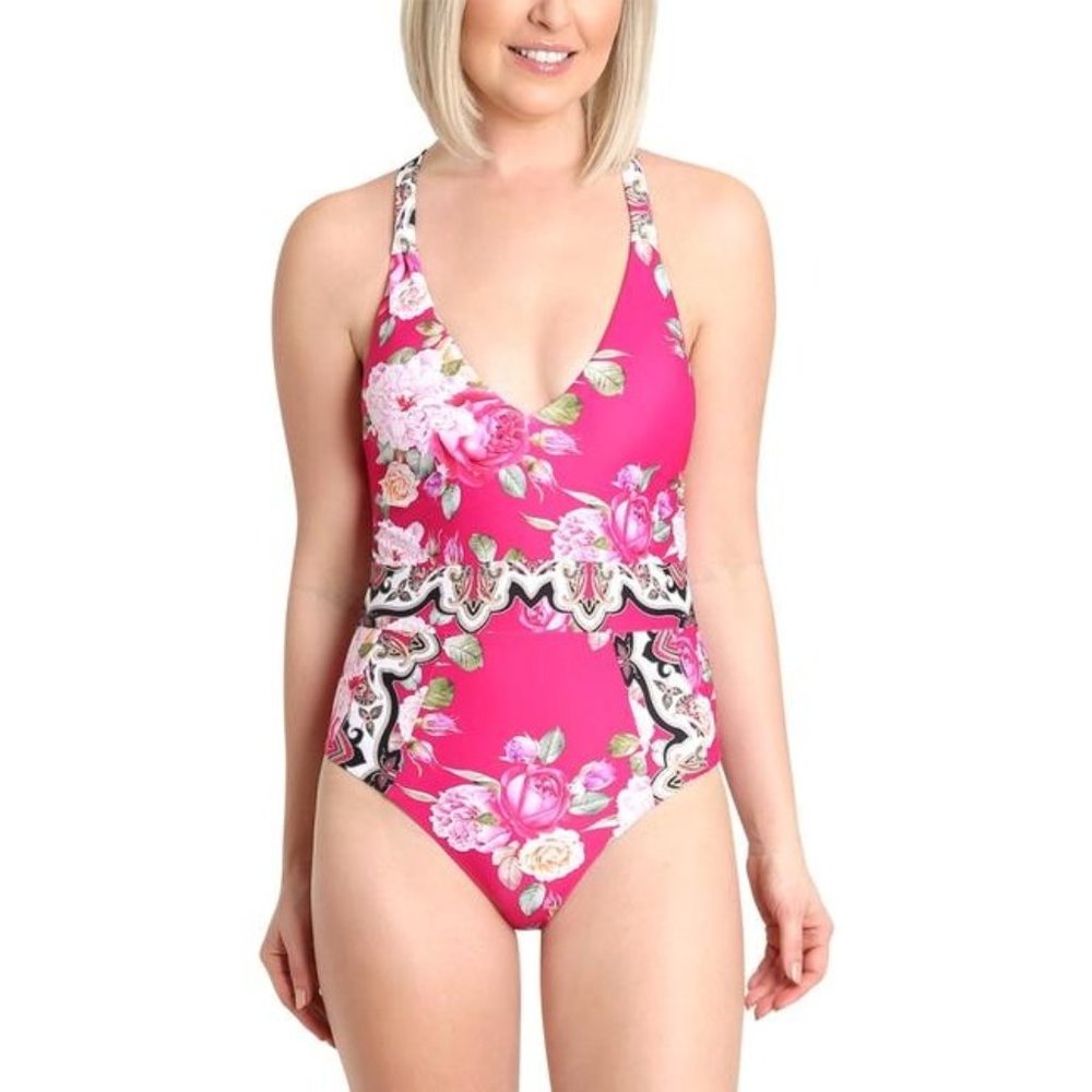 New Nanette Lepore Size 6 Val V Neck One Piece Swimsuit Floral Strappy Pink